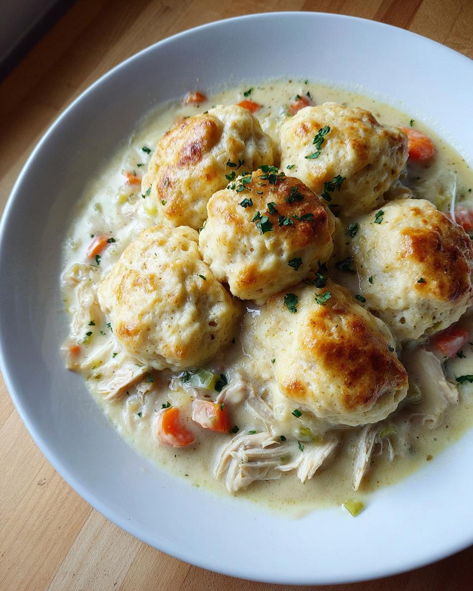 A close-up of a white bowl filled with creamy chicken and dumplings with biscuits, garnished with parsley.