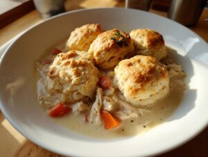 A bowl of creamy chicken and dumplings with biscuits, featuring shredded chicken, carrots, and four golden biscuits on top.