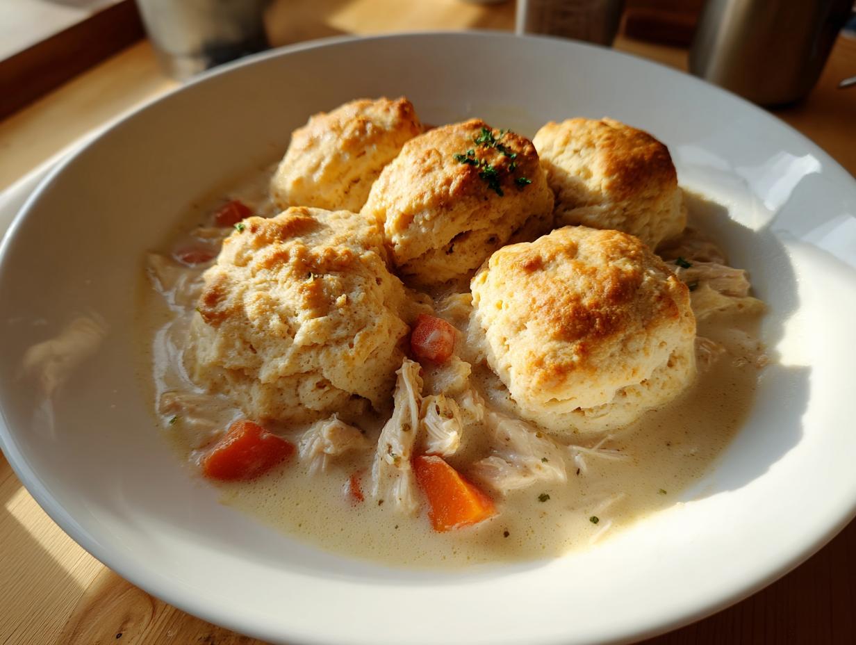 A bowl of creamy chicken and dumplings with biscuits, featuring shredded chicken, carrots, and four golden biscuits on top.