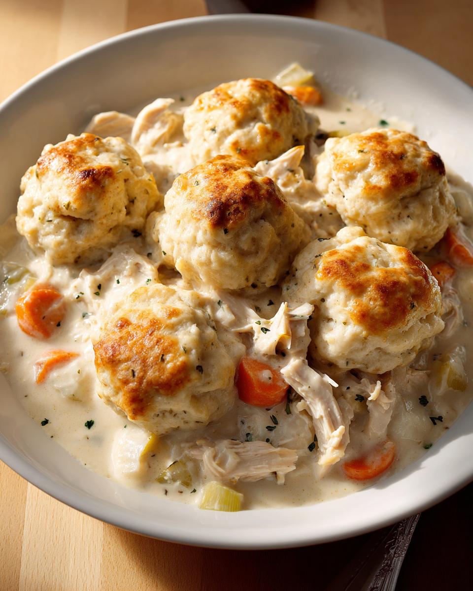 Close-up of creamy chicken and dumplings with biscuits, featuring golden-brown biscuit tops.