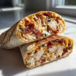 Close-up of a chicken bacon ranch wrap cut in half, showing shredded chicken, bacon, cheese, and ranch sauce.