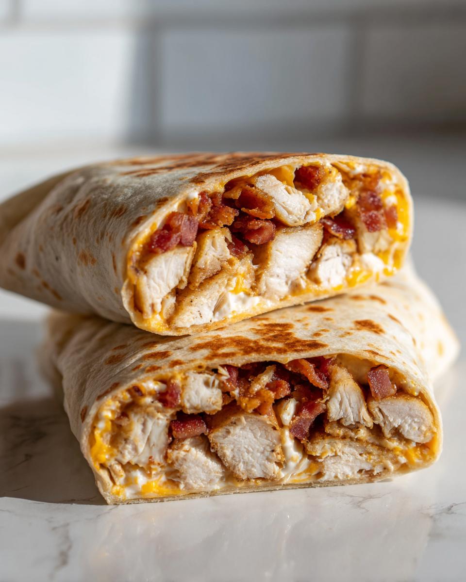 Two halves of a grilled chicken bacon ranch wrap stacked, showing chunks of chicken, bacon, and creamy ranch filling.