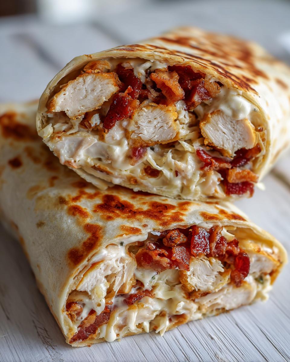 Close-up of a chicken bacon ranch wrap cut in half, showing crispy chicken, bacon, and creamy ranch dressing.