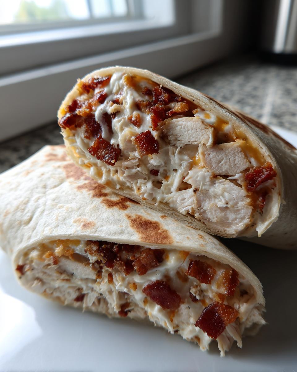 Close-up of a chicken bacon ranch wrap cut in half, showing chunks of chicken, bacon bits, and creamy ranch dressing.