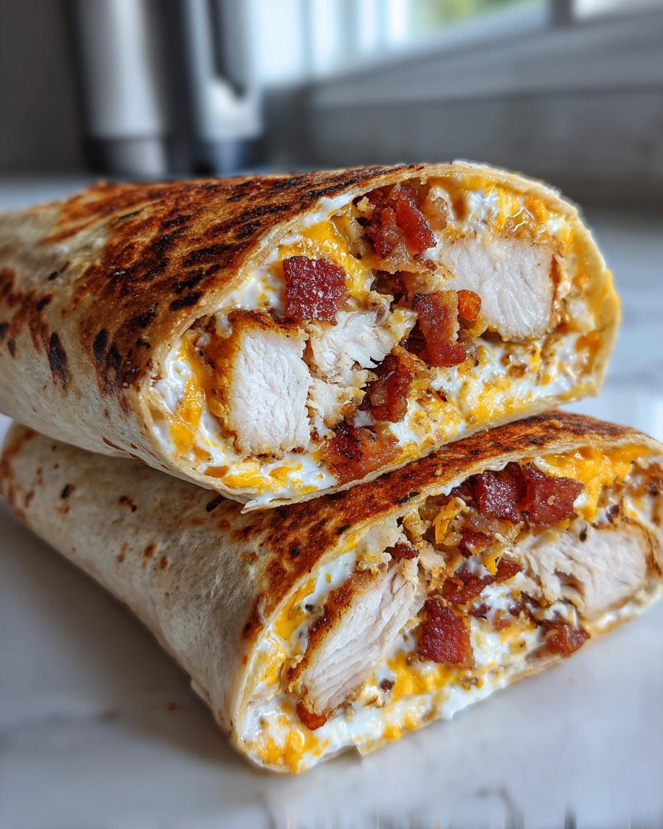 Close-up of a grilled chicken bacon ranch wrap cut in half, showing chunks of chicken, bacon, and creamy ranch sauce.