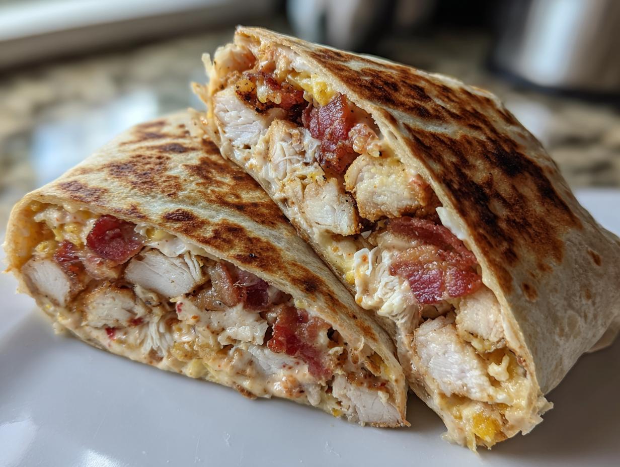 Close-up of a grilled chicken bacon ranch wrap cut in half, showing chunks of chicken, bacon, and creamy sauce.