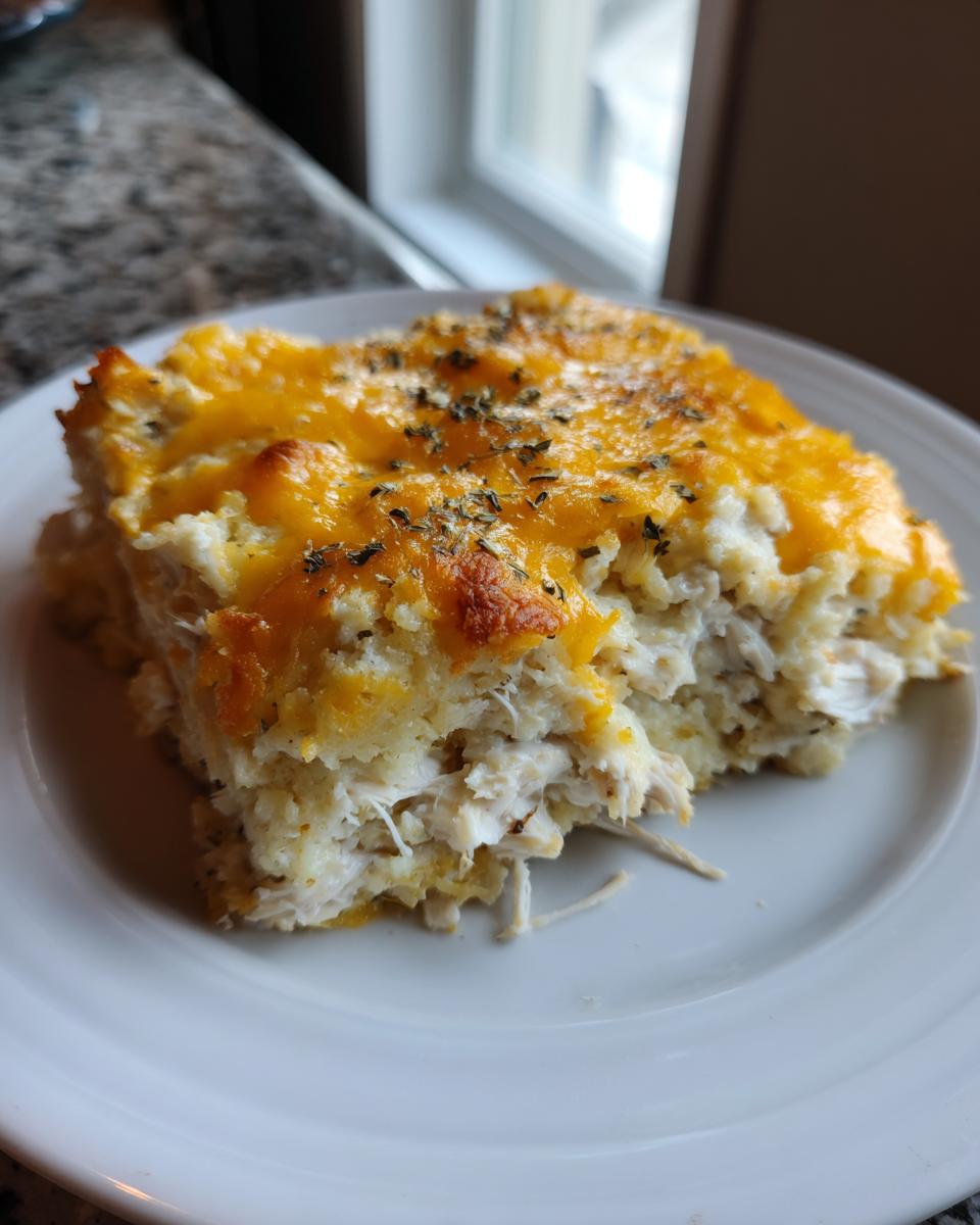 A close-up serving of chicken cauliflower rice casserole topped with melted cheddar cheese and herbs.