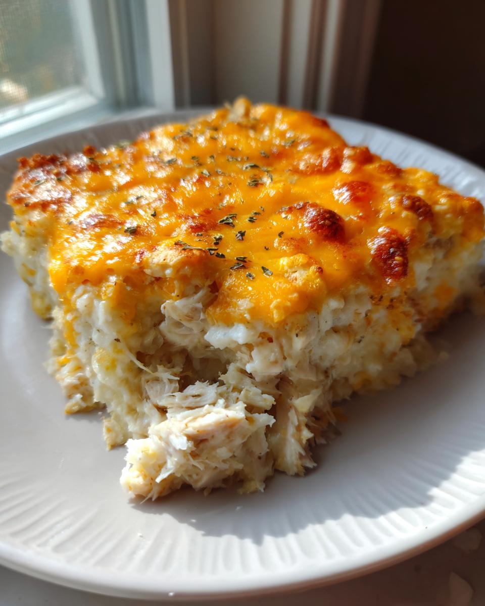 A close-up serving of chicken cauliflower rice casserole topped with melted, browned cheddar cheese and herbs.