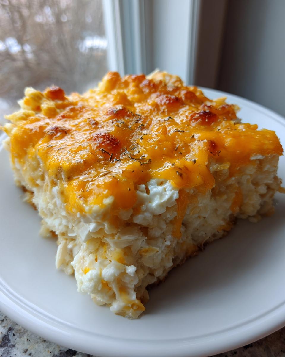 A square serving of chicken cauliflower rice casserole topped with melted, browned cheddar cheese.