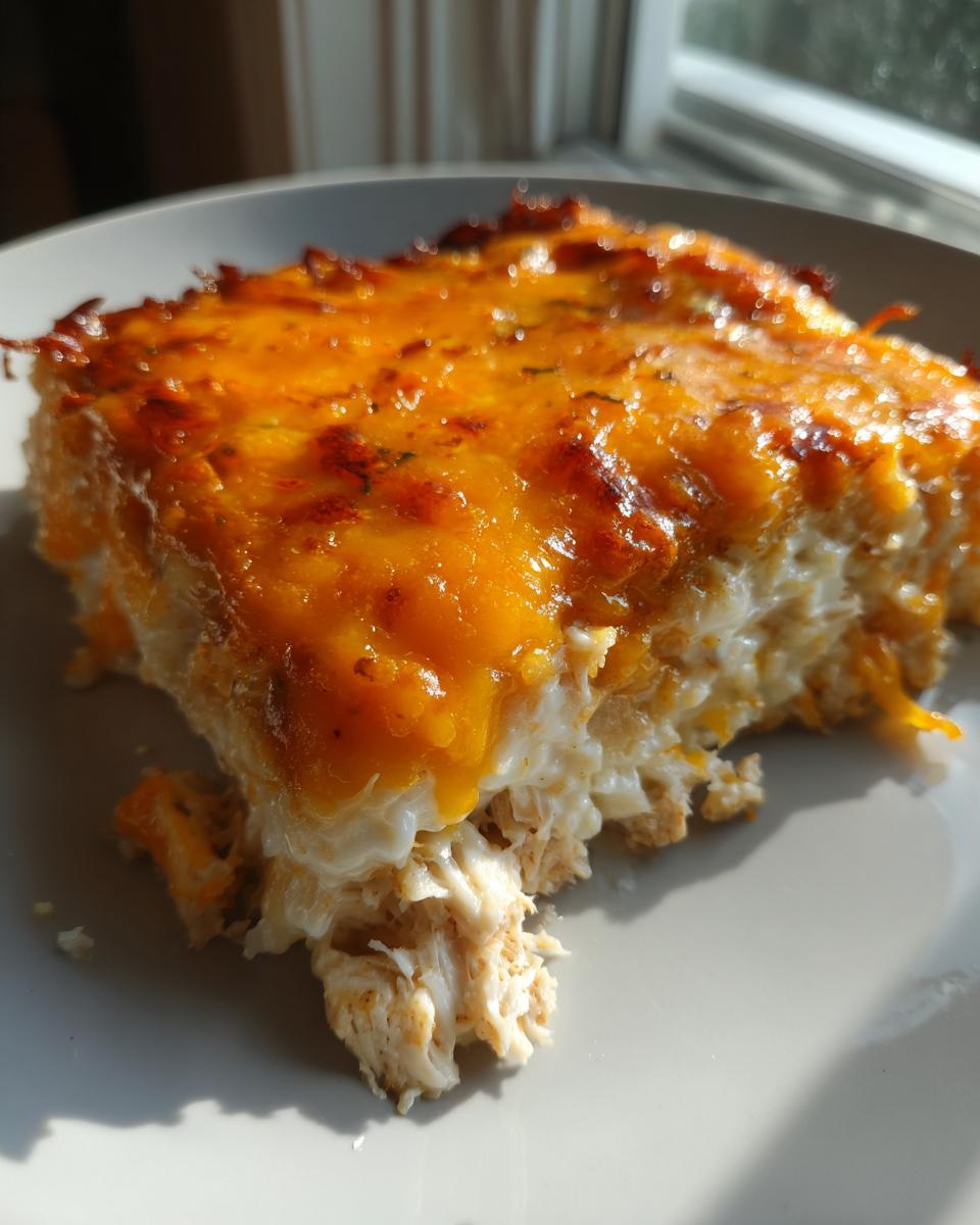 A close-up of a serving of chicken cauliflower rice casserole with shredded chicken visible beneath a thick, bubbly, melted orange cheese topping.