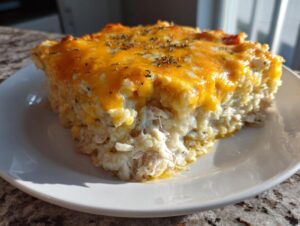 A generous slice of baked chicken cauliflower rice casserole topped with melted cheddar cheese and herbs.