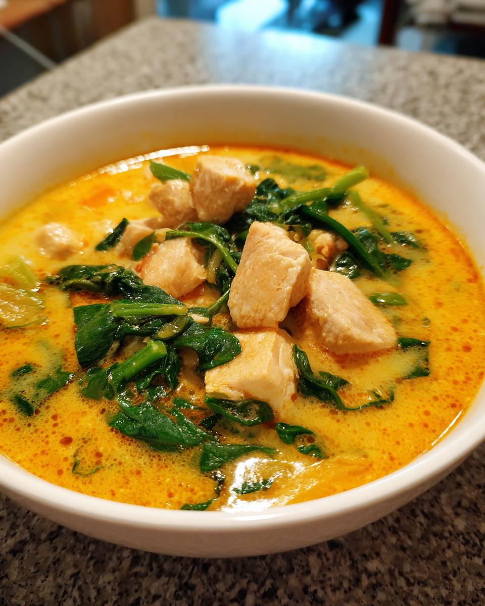Close-up of a white bowl filled with vibrant yellow coconut curry soup featuring chunks of chicken and wilted spinach.