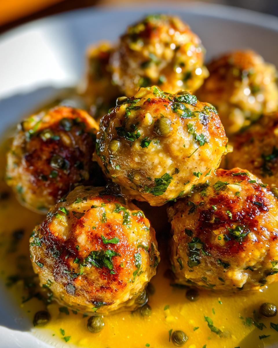 Close-up of golden-brown chicken piccata meatballs covered in a bright lemon-caper sauce with fresh parsley.