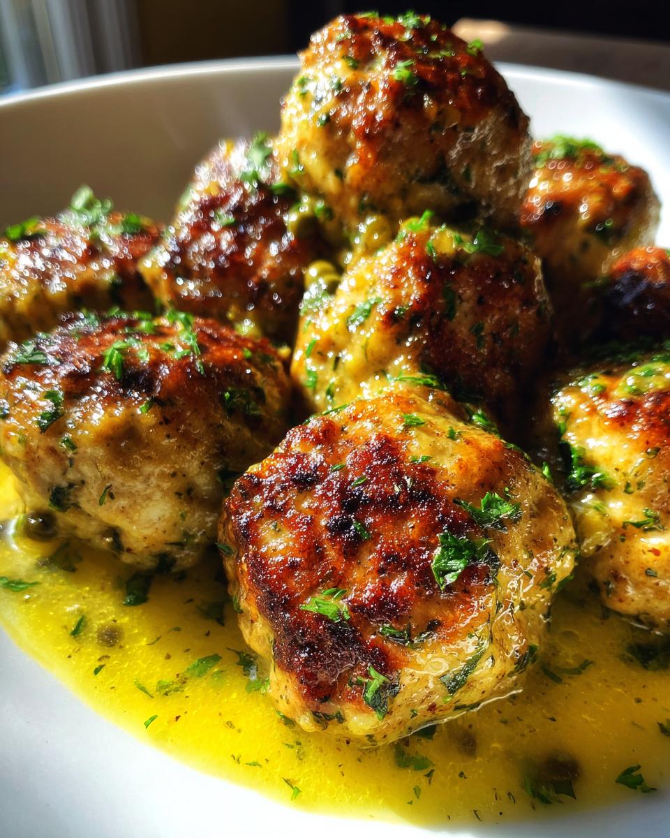 Close-up of seared chicken piccata meatballs covered in a bright yellow lemon-caper sauce and sprinkled with parsley.