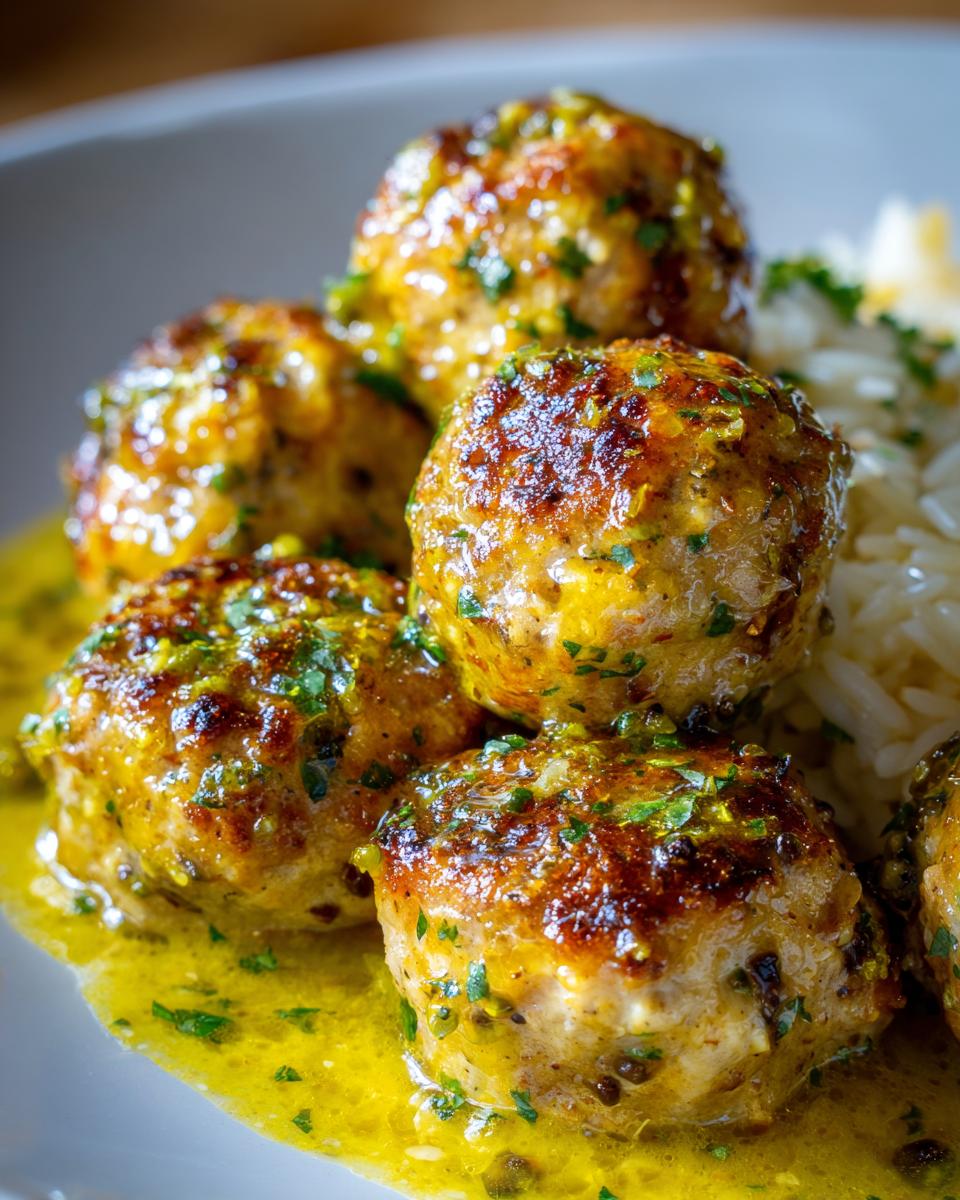 Close-up of juicy chicken piccata meatballs covered in a bright lemon-butter sauce and fresh parsley, served over white rice.