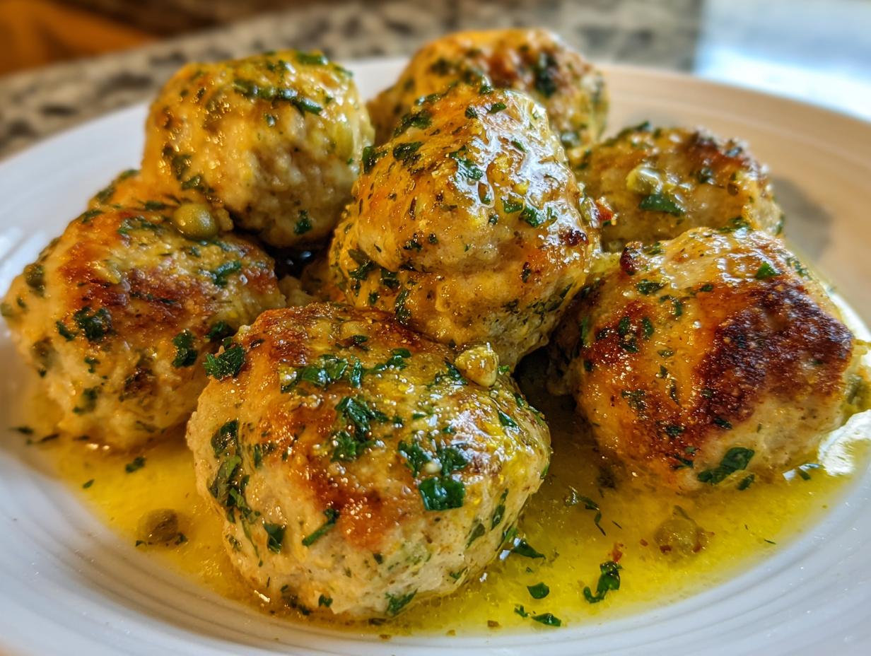 Close-up of several golden-brown chicken piccata meatballs simmering in a bright lemon-caper sauce.