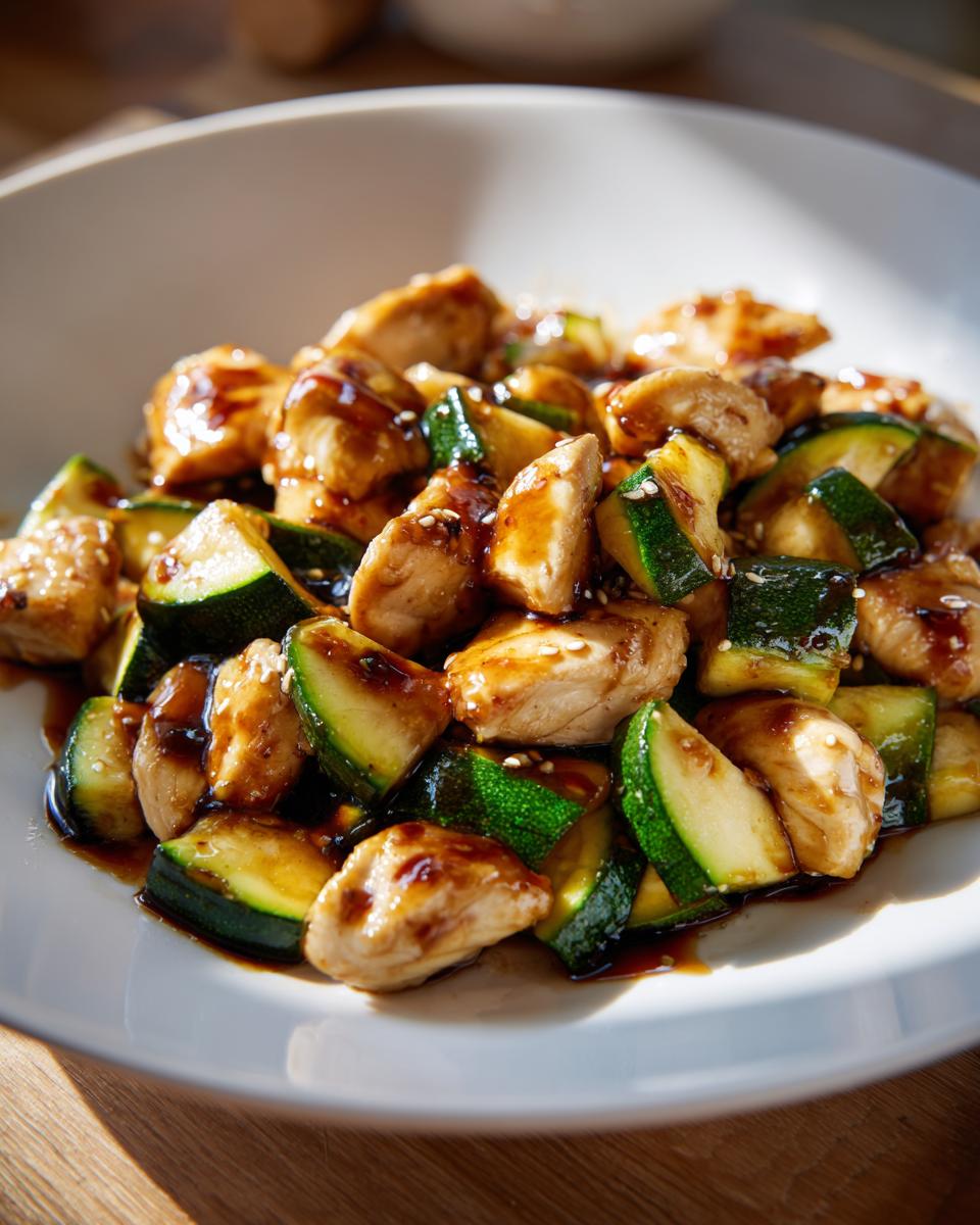 Close-up of delicious chicken zucchini stir fry coated in a savory brown sauce and sprinkled with sesame seeds.