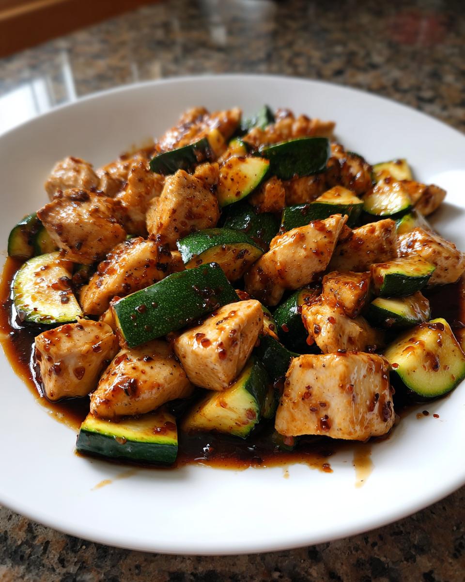 A close-up of cubed chicken and sliced zucchini coated in a savory brown sauce, ready to eat in a chicken zucchini stir fry.