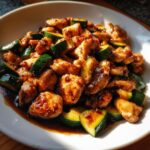A close-up of glistening, saucy chicken zucchini stir fry served on a white plate.