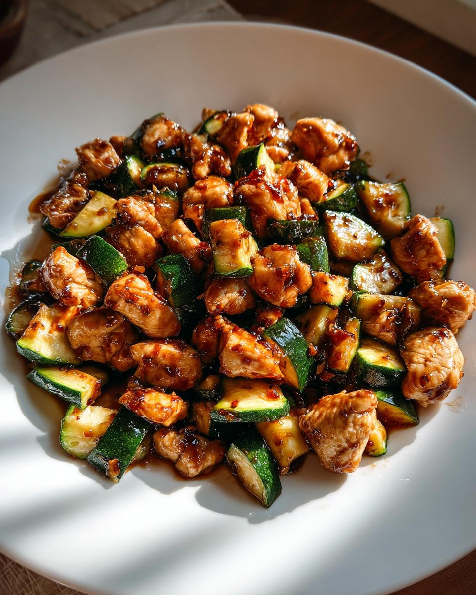 Close-up of a white plate filled with glistening chicken zucchini stir fry coated in a dark sauce.