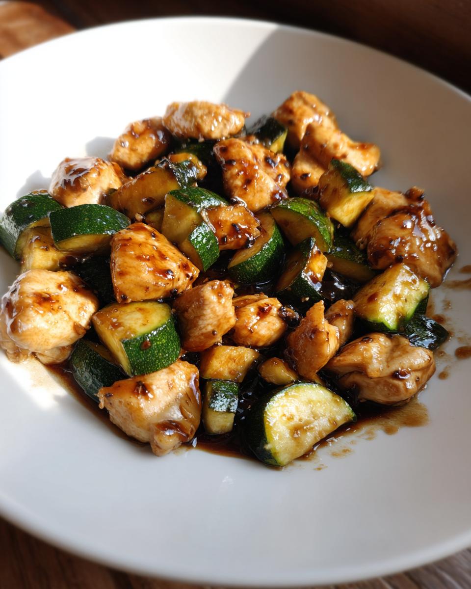 A close-up serving of delicious chicken zucchini stir fry coated in a savory brown sauce, presented on a white plate.