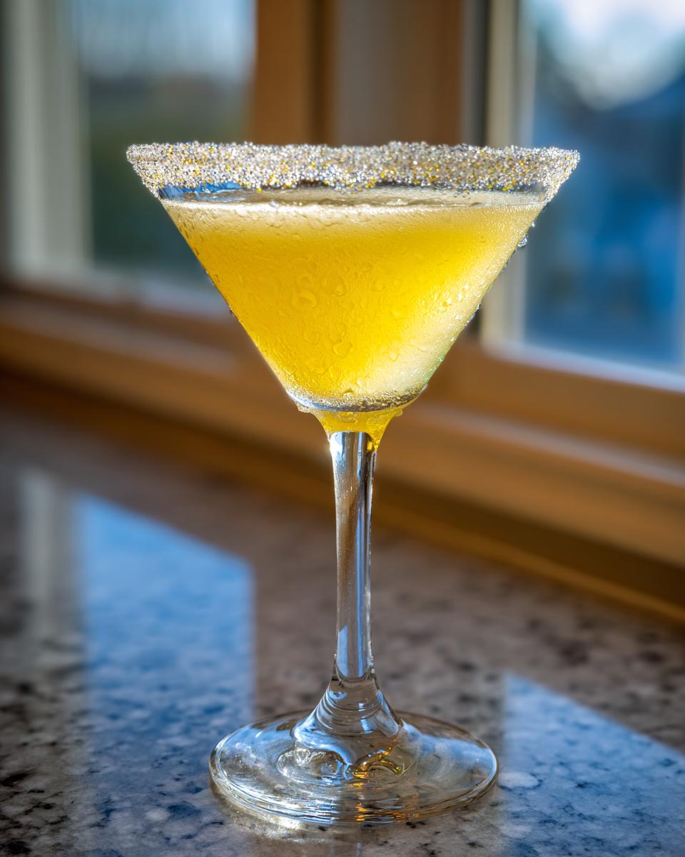 A bright yellow, chilled lemon drop martini in a stemmed glass with a sparkling sugar rim, sitting on a granite counter.