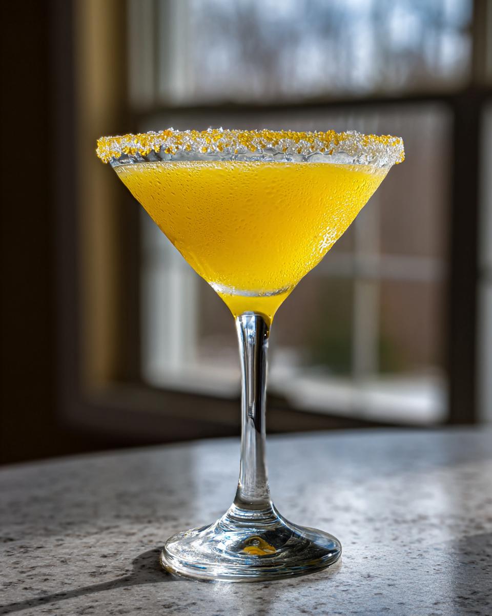 A vibrant yellow, chilled lemon drop martini in a stemmed glass with a sparkling sugar rim, sitting on a counter.