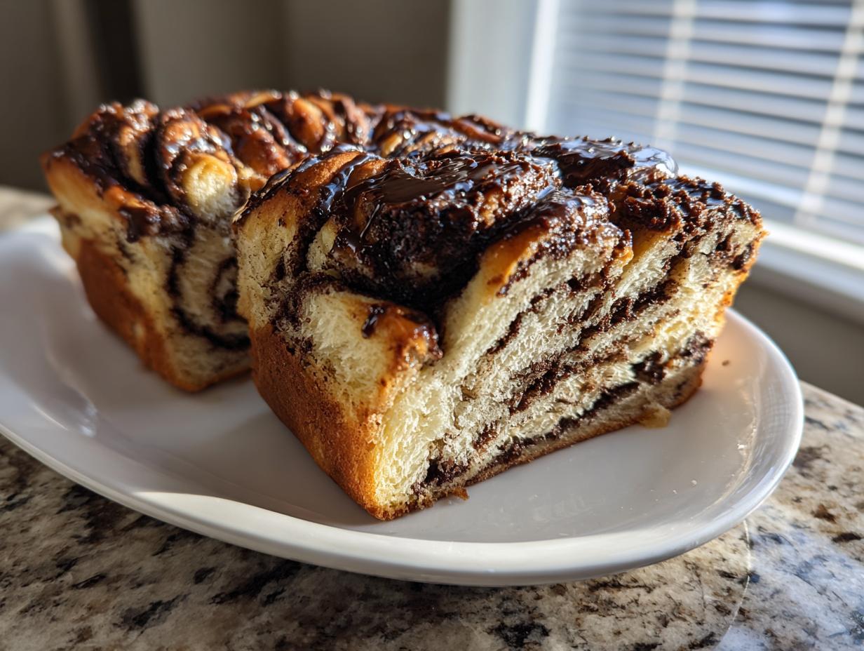 Two slices of rich chocolate babka showing beautiful dark chocolate swirls inside the light bread, drizzled with glaze.