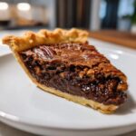 A close-up of a rich, gooey slice of chocolate bourbon pecan pie showing the flaky crust and pecan topping.