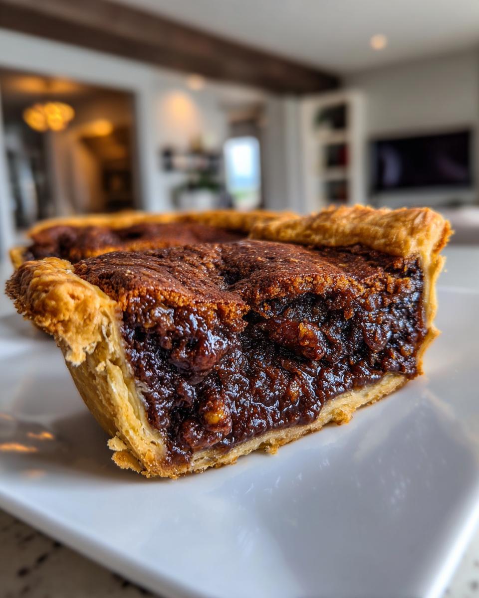 Close-up of a thick slice of chocolate bourbon pecan pie showing the gooey, dark filling and flaky crust.