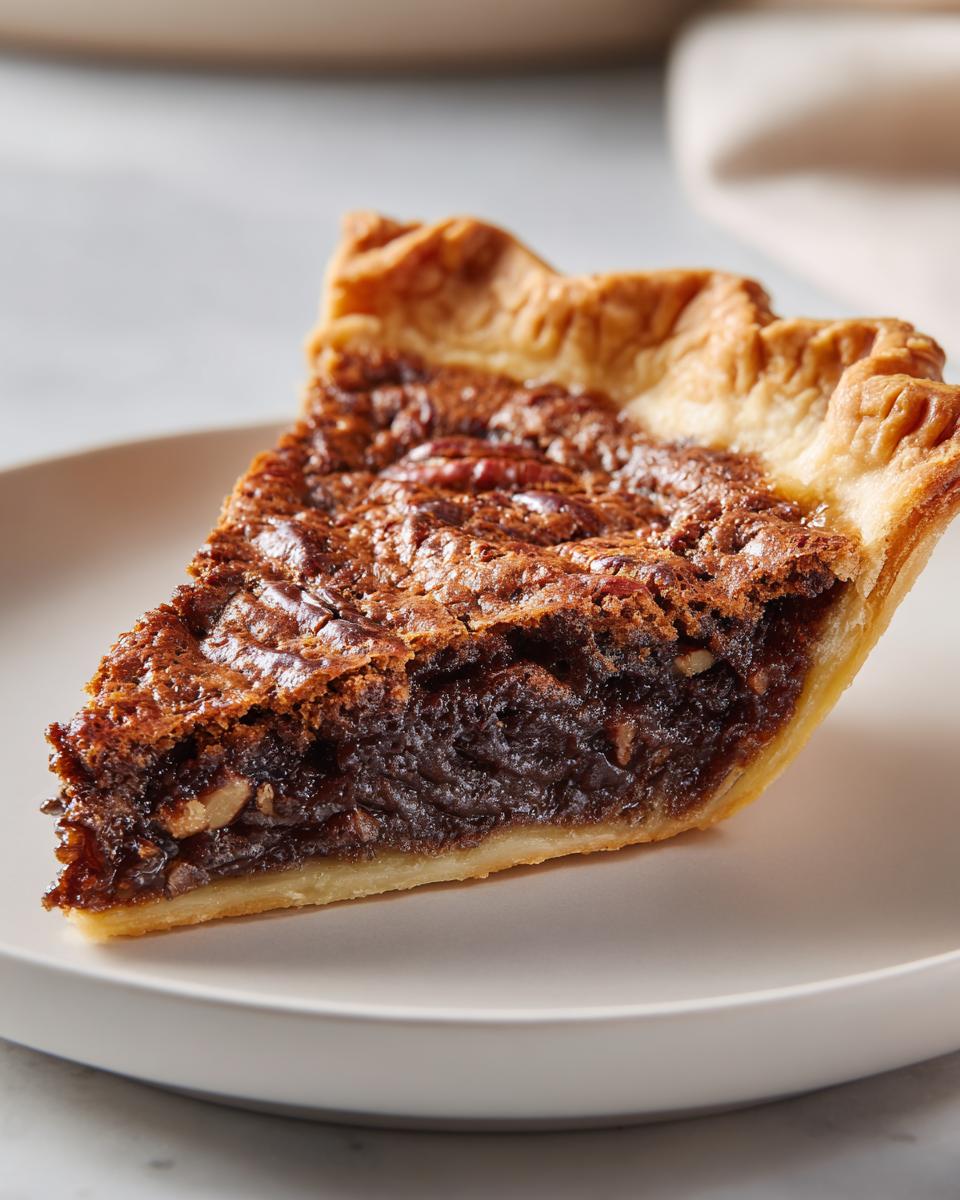 A close-up of a perfect slice of chocolate bourbon pecan pie showing the rich filling and flaky crust on a white plate.