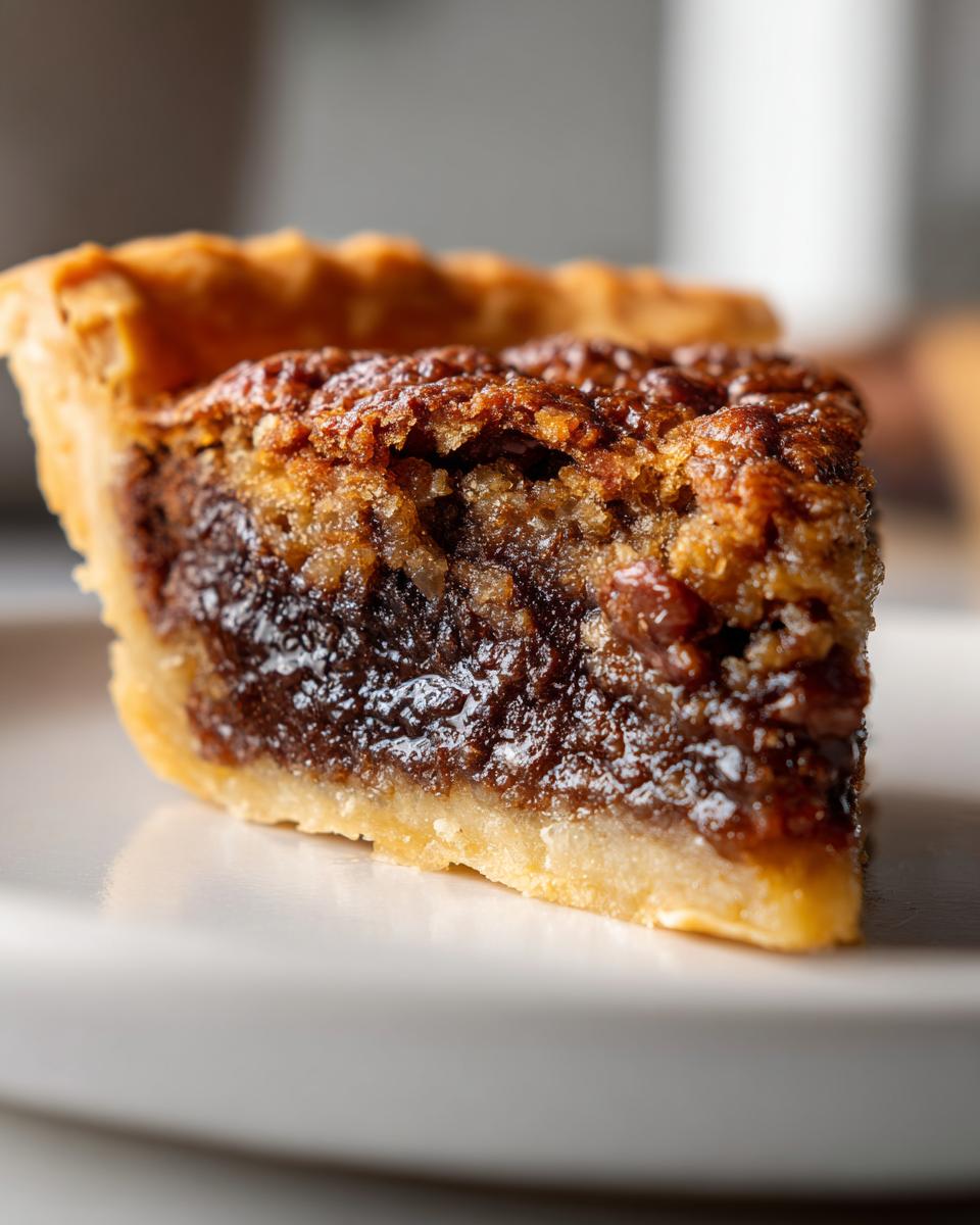 Close-up of a decadent slice of chocolate bourbon pecan pie showing the gooey filling and flaky crust.