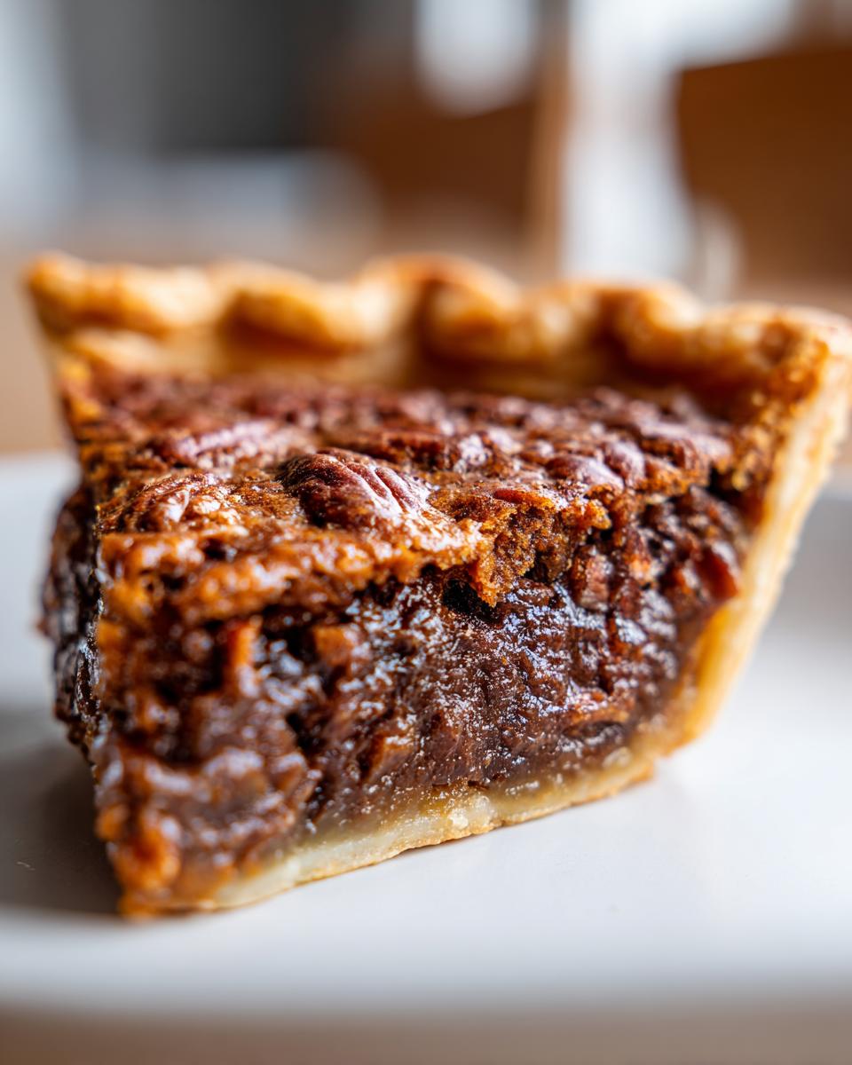 Close-up of a decadent slice of chocolate bourbon pecan pie showing the gooey filling and flaky crust.