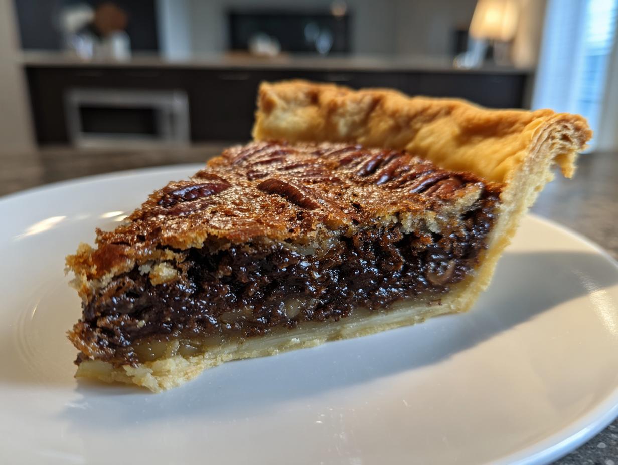 A close-up of a rich slice of chocolate bourbon pecan pie showing the dark filling and flaky crust on a white plate.