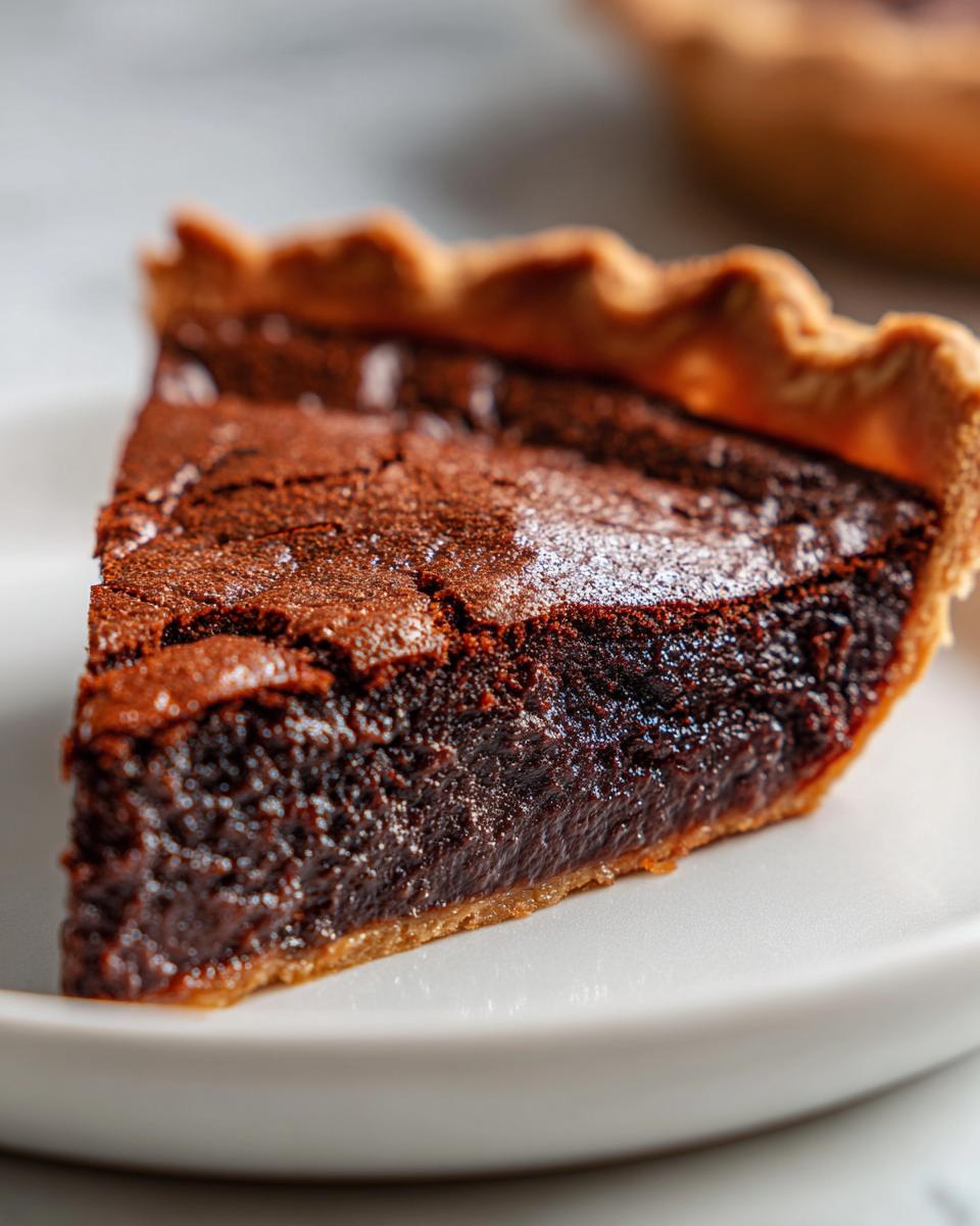 A close-up of a slice of rich, dark chocolate chess pie showing its gooey center and flaky crust.