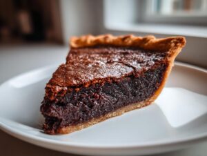 Close-up of a slice of rich, dark chocolate chess pie showing its gooey center and flaky crust.