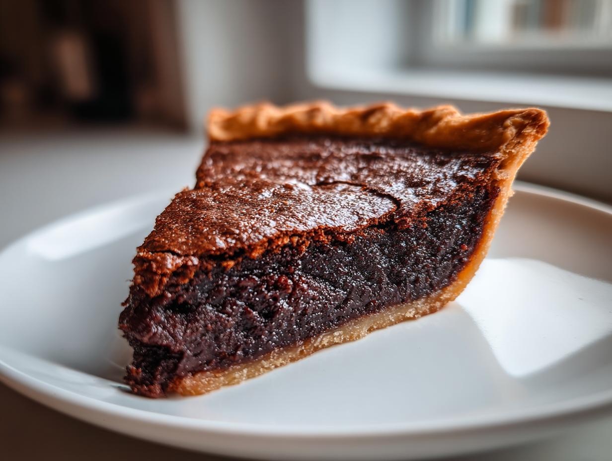 Close-up of a slice of rich, dark chocolate chess pie showing its gooey center and flaky crust.