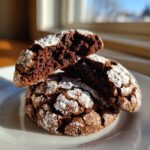 Close-up of a chocolate crinkle cookie broken in half showing the rich, fudgy interior, dusted with powdered sugar.