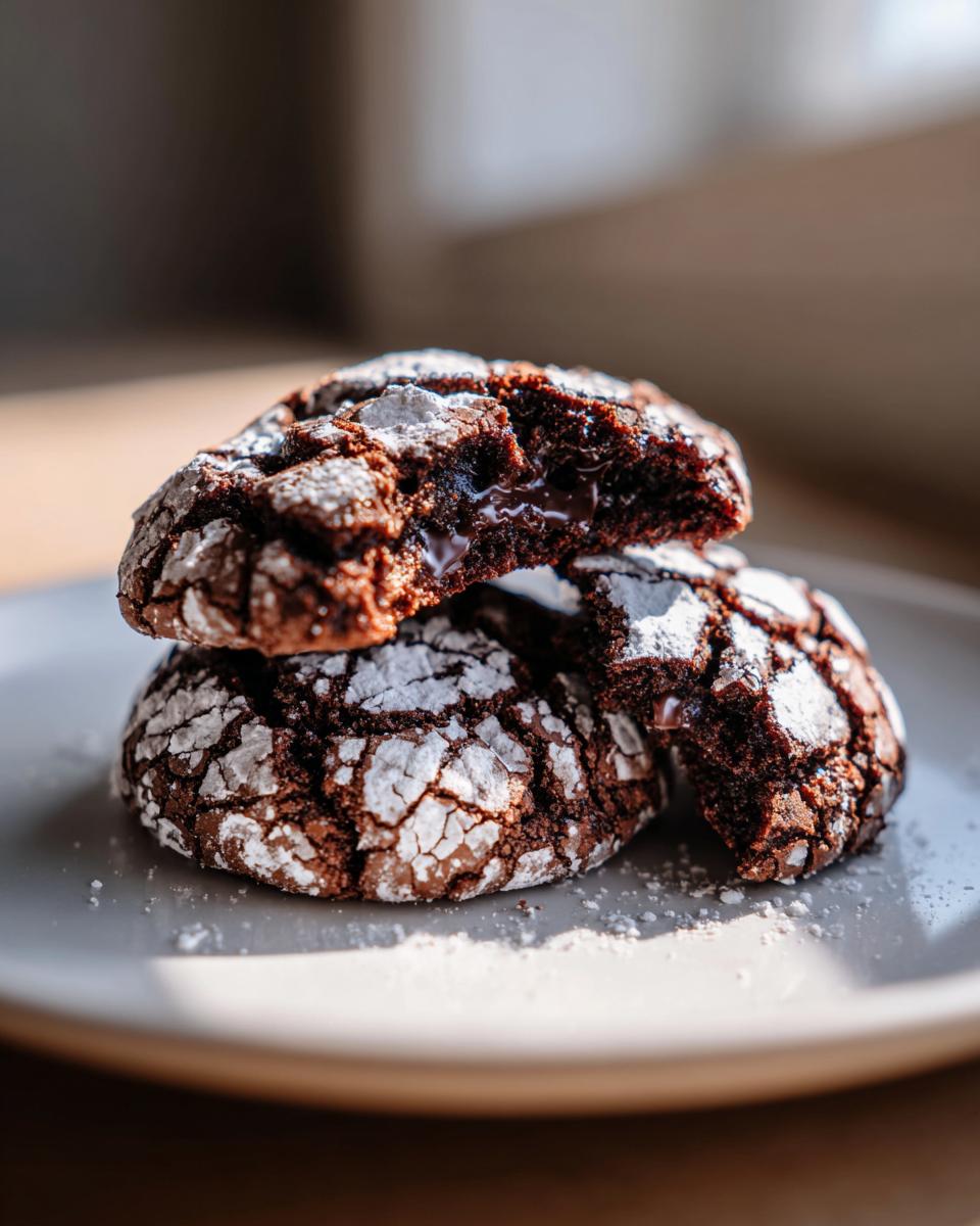 Close-up of three rich chocolate crinkle cookies stacked, one broken open revealing a gooey melted center.