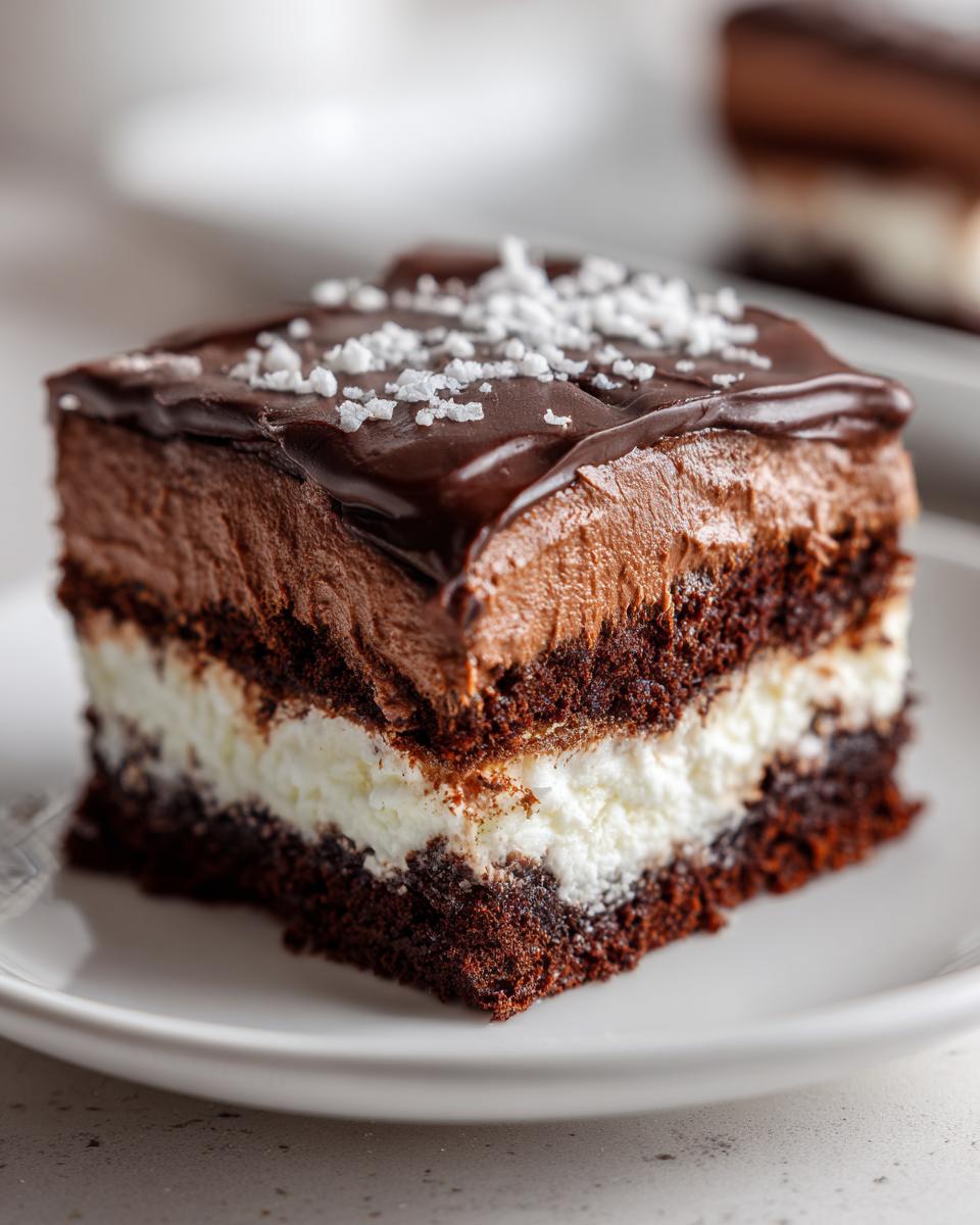 Close-up of a decadent slice of Italian love cake featuring dark chocolate cake, white filling, and chocolate mousse topping.