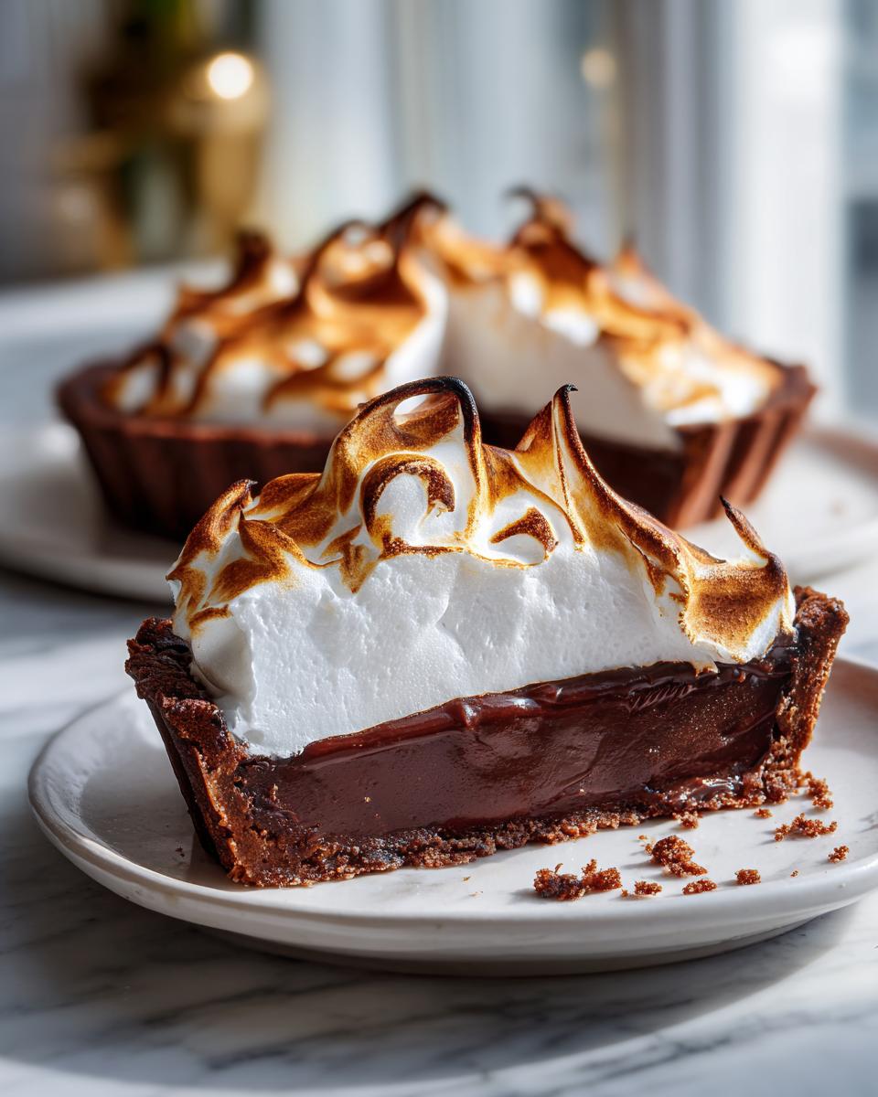 A close-up slice of chocolate meringue pie showing rich chocolate filling and fluffy, torched meringue topping.