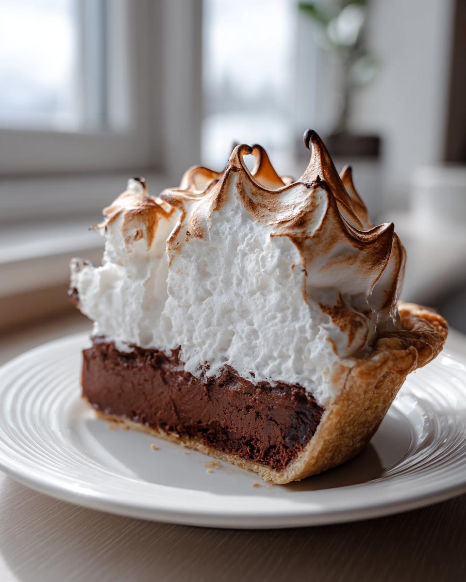 A close-up of a decadent slice of chocolate meringue pie showing rich filling and perfectly toasted meringue peaks.