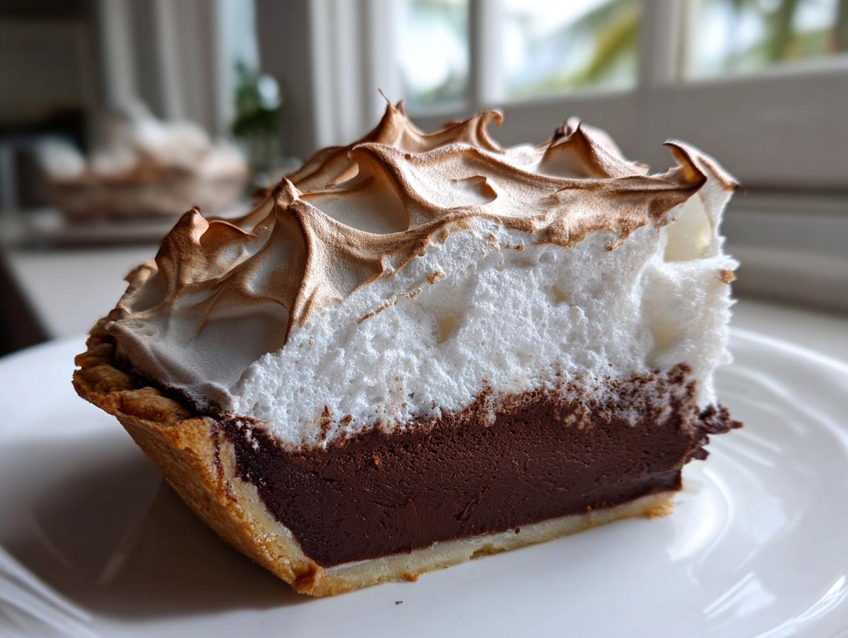 Close-up of a slice of chocolate meringue pie showing thick chocolate filling and towering, toasted meringue.