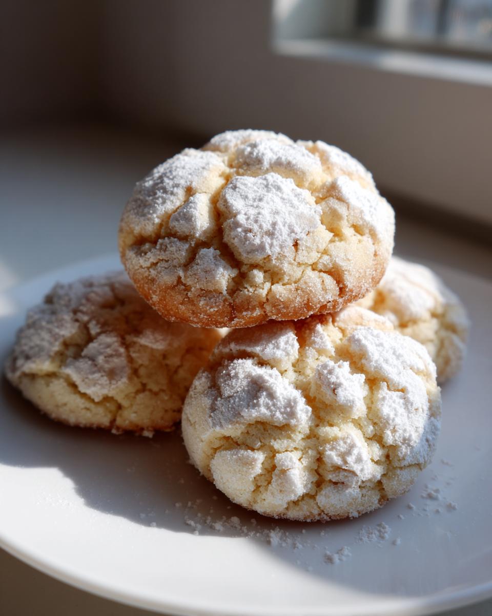 A stack of three soft, crinkled Christmas gooey butter cookies heavily dusted with powdered sugar on a white plate.
