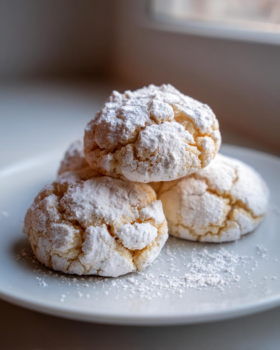 A stack of three soft, crinkle-topped christmas gooey butter cookies heavily dusted with powdered sugar on a white plate.
