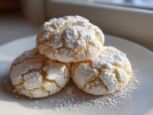 A stack of three soft, crinkled christmas gooey butter cookies heavily coated in white powdered sugar on a white plate.