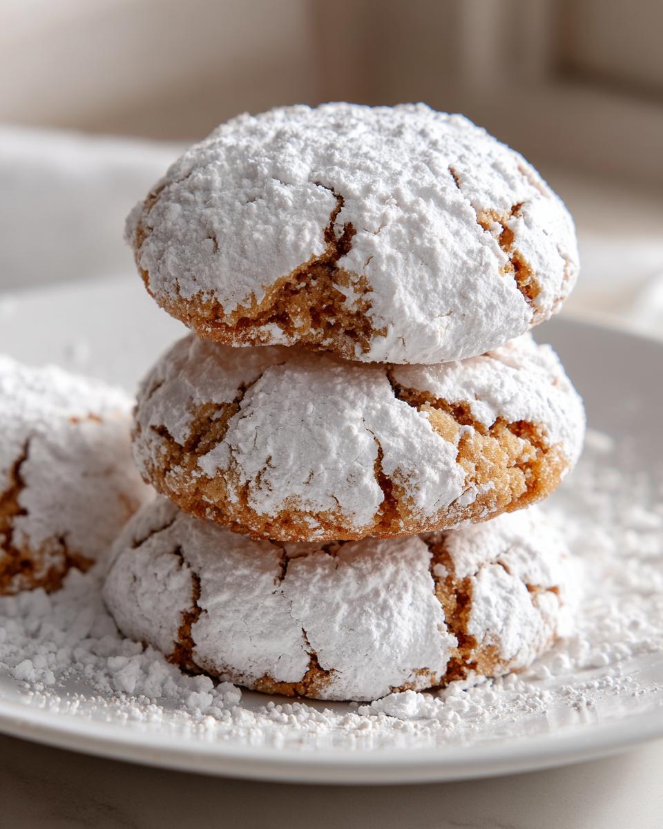 A stack of three soft, cracked christmas gooey butter cookies heavily dusted with white powdered sugar on a white plate.