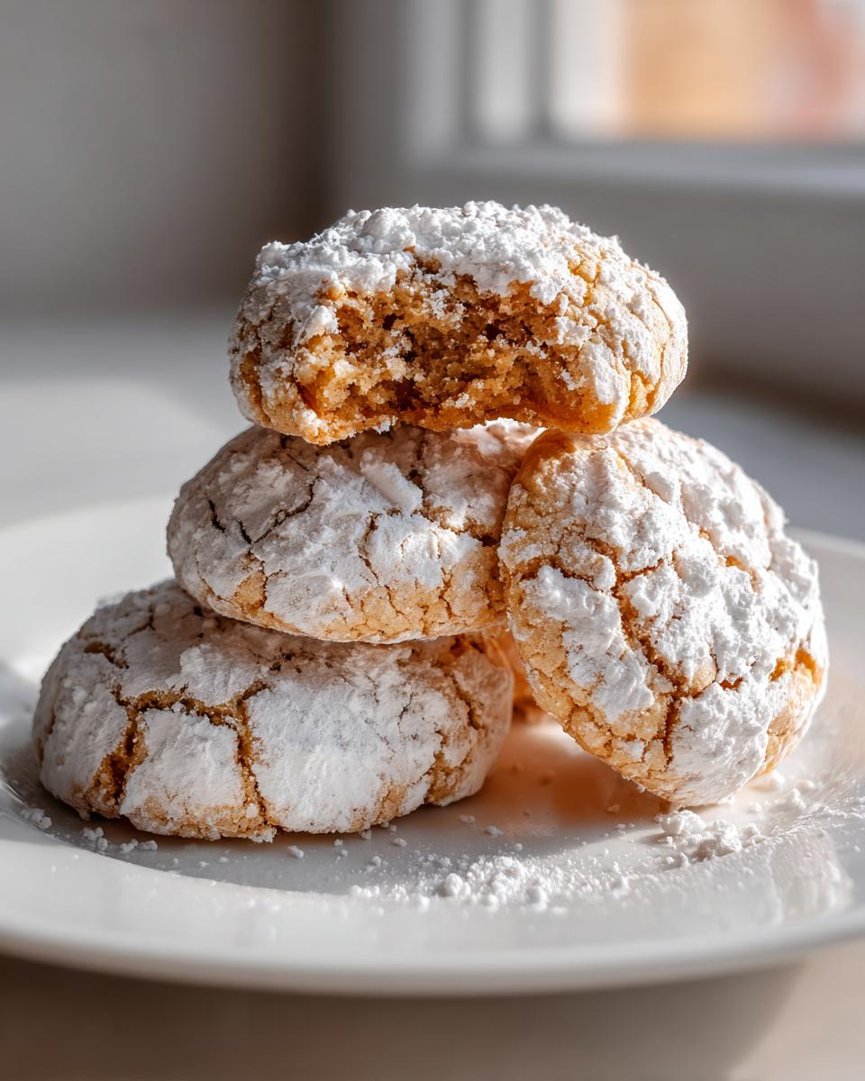 A stack of four christmas gooey butter cookies heavily dusted with white powdered sugar on a white plate.