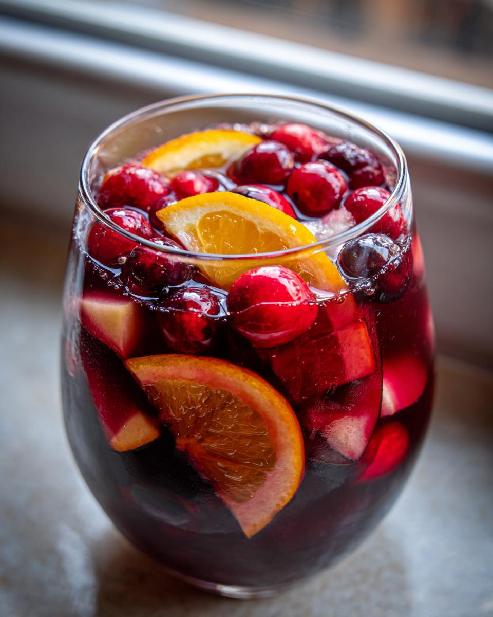 Close-up of a glass filled with deep red christmas sangria, loaded with cranberries and orange slices.