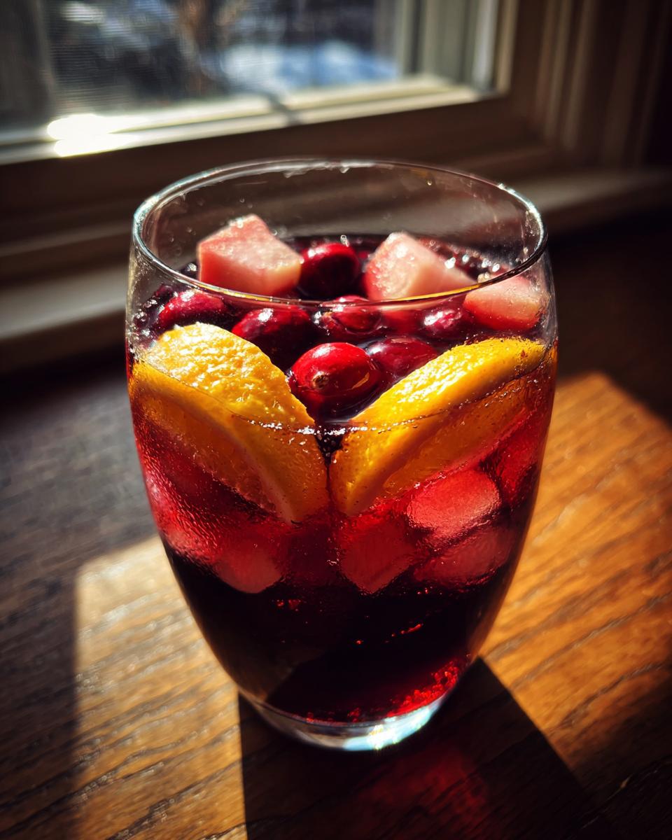 A close-up of a glass filled with vibrant red Christmas sangria, garnished with orange slices, cranberries, and ice cubes.